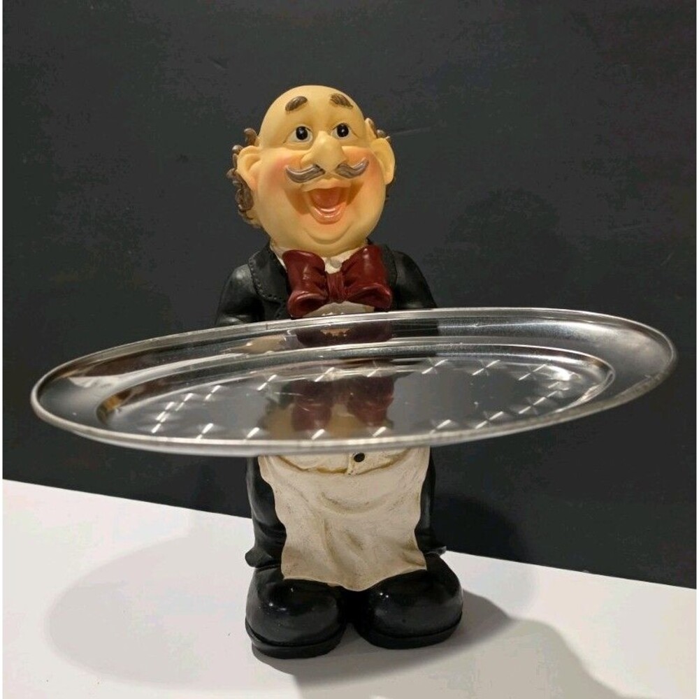 Vintage Resin Waiter Butler Figure 11" Statue w/ Metal Serving Tray Cute Kitchen